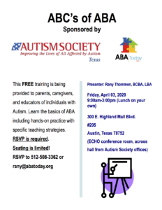(Canceled) ABC's of ABA! @ Autism Society of Texas (ECHO conference room)