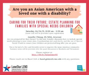 Asian Community Parent and Caregiver Support - Estate Planning for Families with Special Needs Children @ Zoom