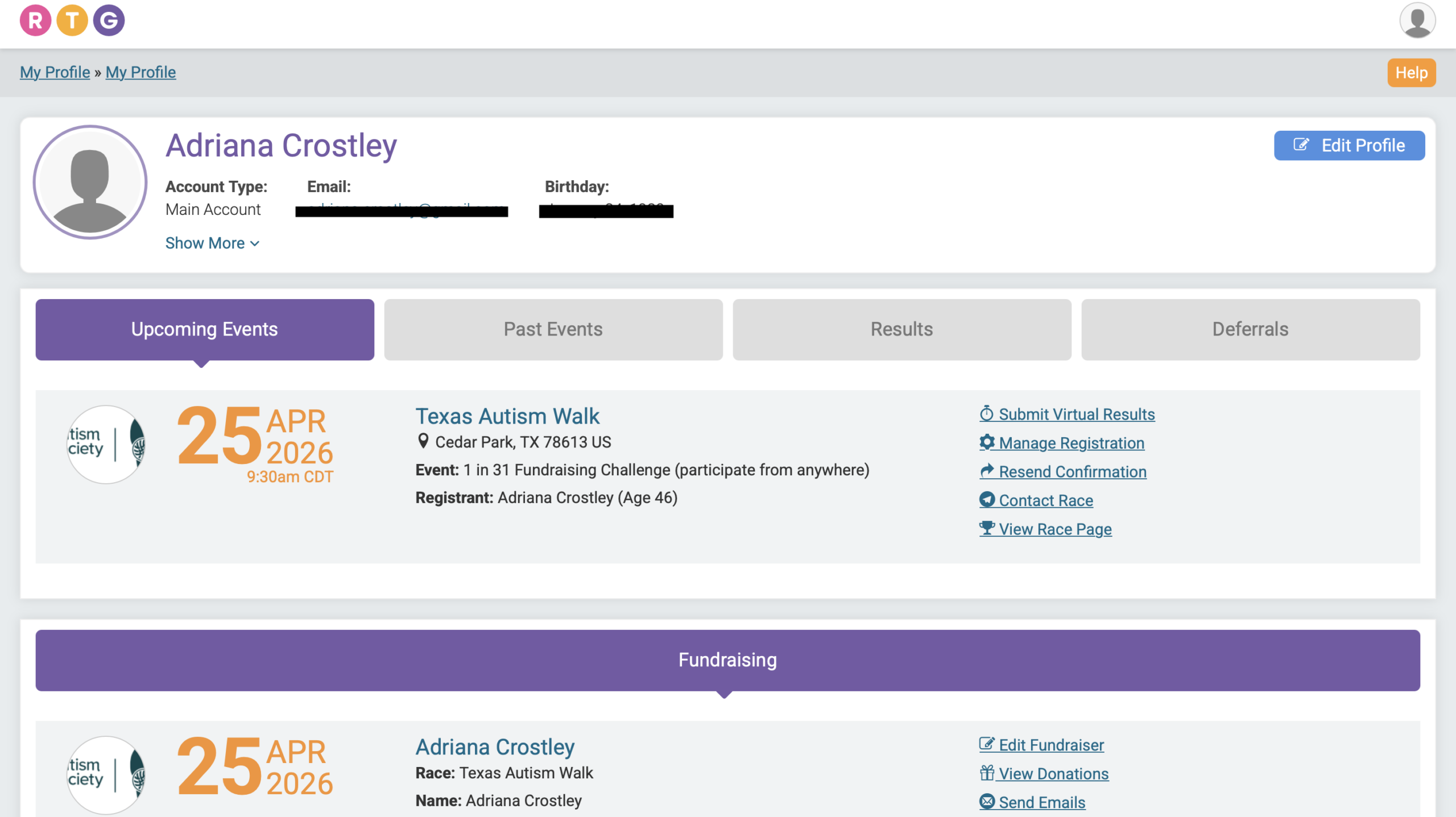 RunSignup account dashboard showing registered participants