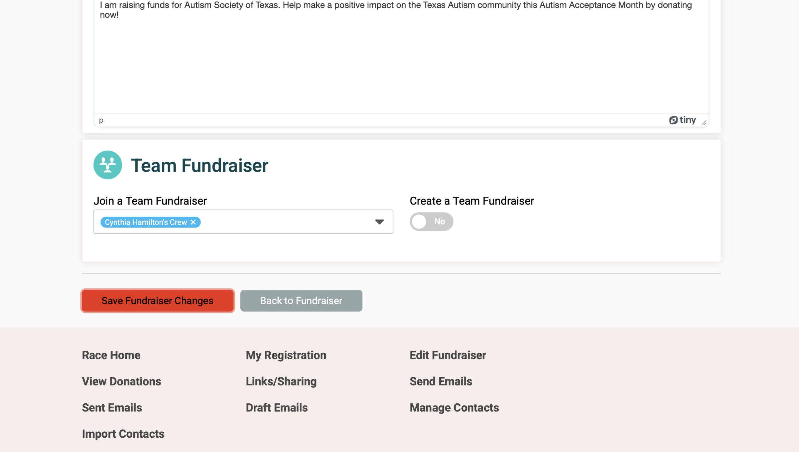 Team fundraiser selection and save fundraiser changes button